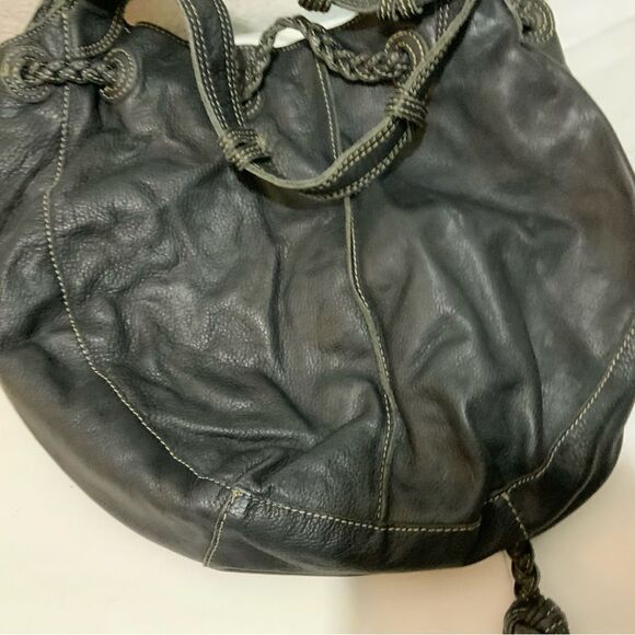 Fossil Black Leather Bucket Bag Braided Drawstring Shoulder Strap white stitches - Picture 8 of 16